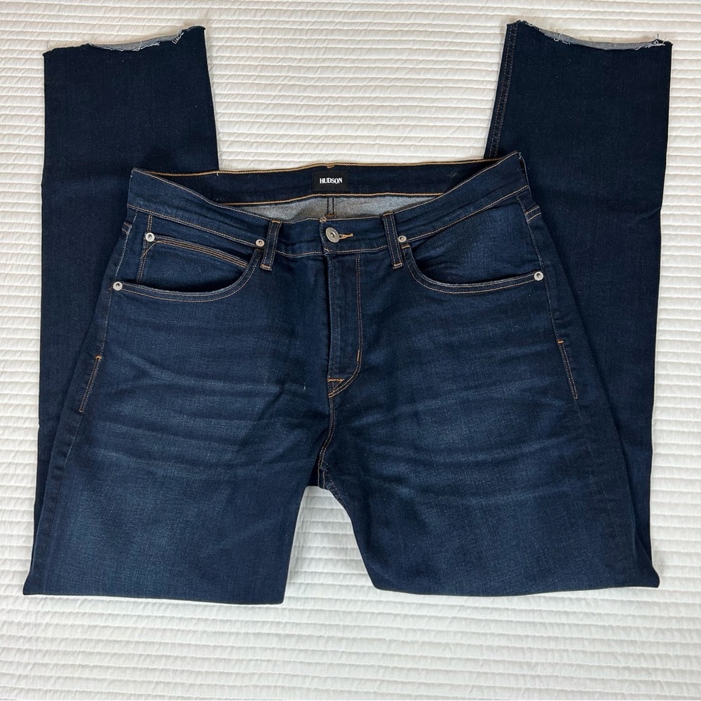 Hudson Blake Slim Straight Mens Jeans Raw Hem 36X33 Blue Stretch Denim Casual